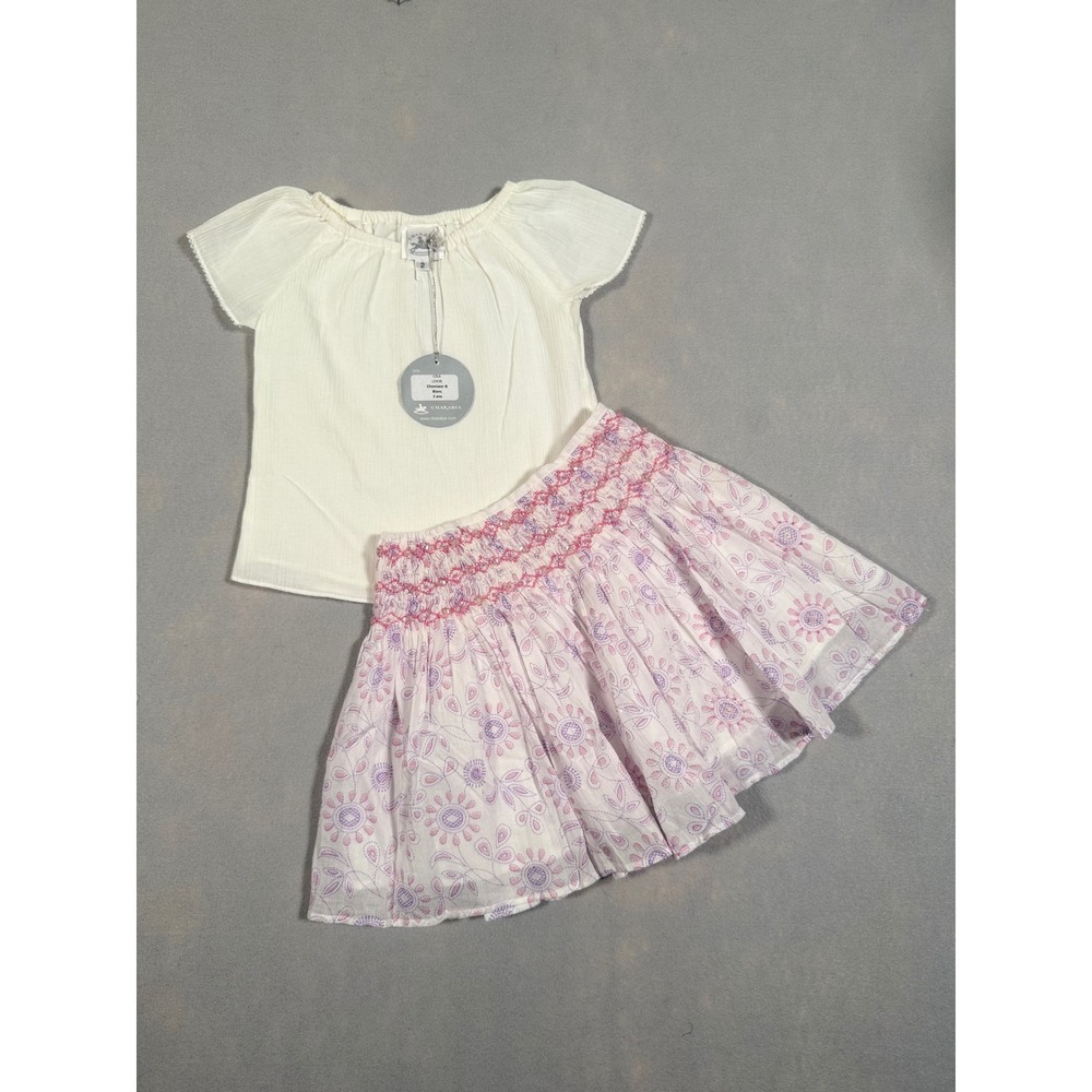 Charabia Paris Girls White Blouse and Floral Skirt Set Size 2 Made In France NEW